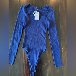 Elegant Blue Ribbed Long Sleeve Top